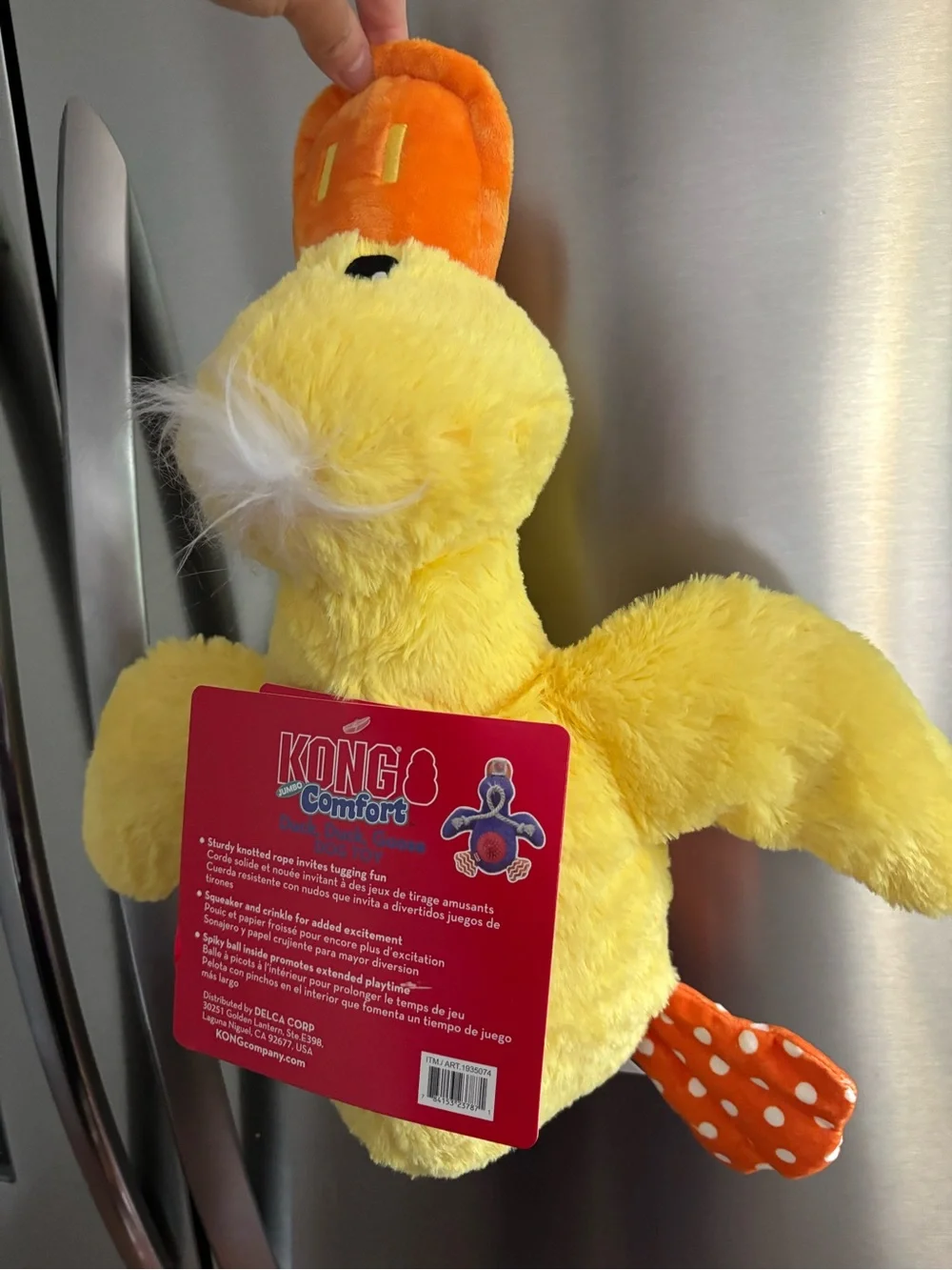 Kong Yellow Plush Duck with Orange Polka Dot Tail dog toy NEW WITH TAGS